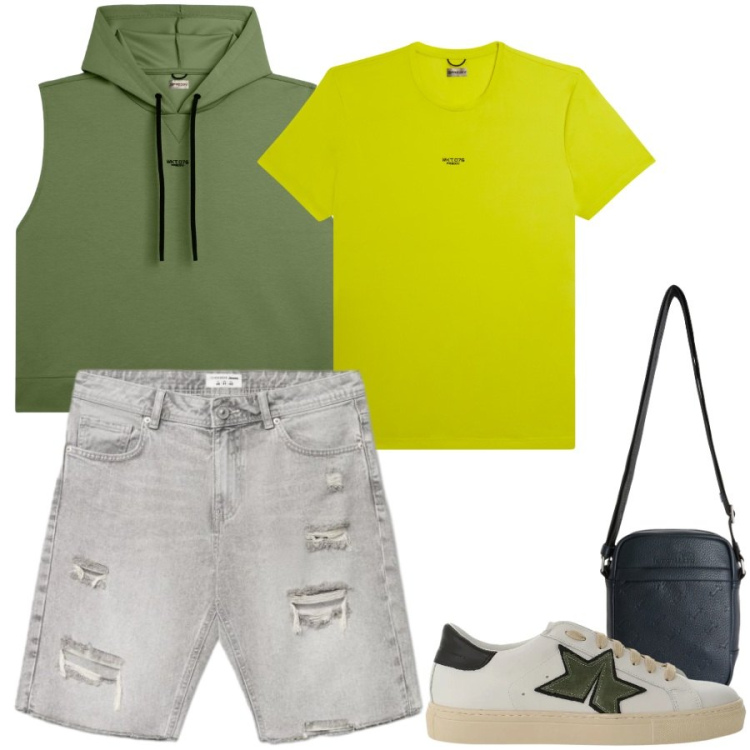 Outfit uomo - Casual. Stile Casual per Tutti i giorni. Abbinamento con shorts, sneakers, borse sportive, felpe con cappuccio, t-shirt.