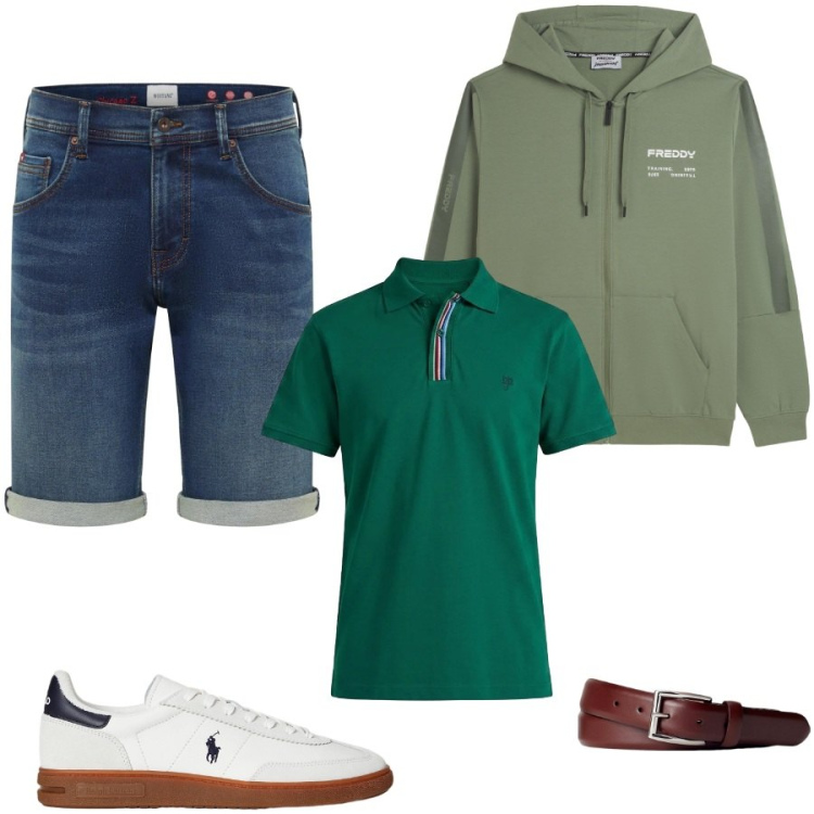 Outfit uomo - Urban street. Stile Trendy per Tutti i giorni. Abbinamento con bermuda, polo, felpe con cappuccio, cinture, sneakers.