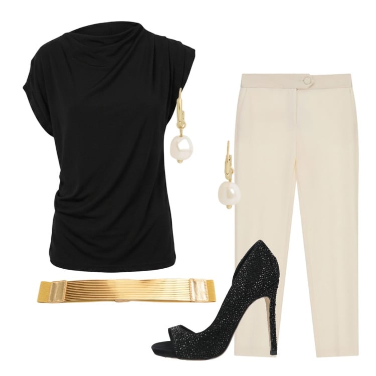 Outfit donna - Giugno. Stile Chic per Cerimonia. Abbinamento con décolleté, pantaloni, orecchini, top, cinture.