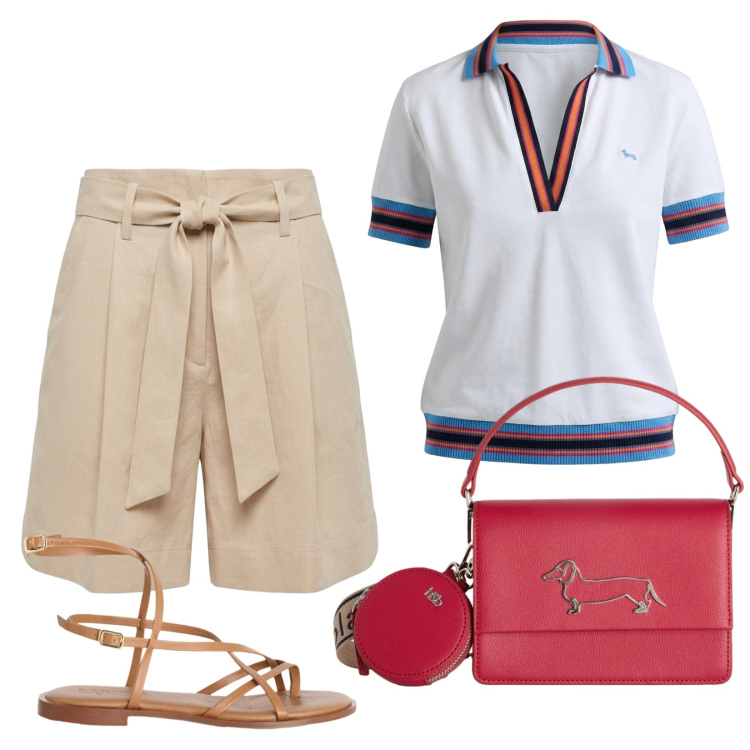Outfit donna - Country club. Stile Casual chic per Tutti i giorni. Abbinamento con sandali in pelle, polo, borse a tracolla, bermuda.