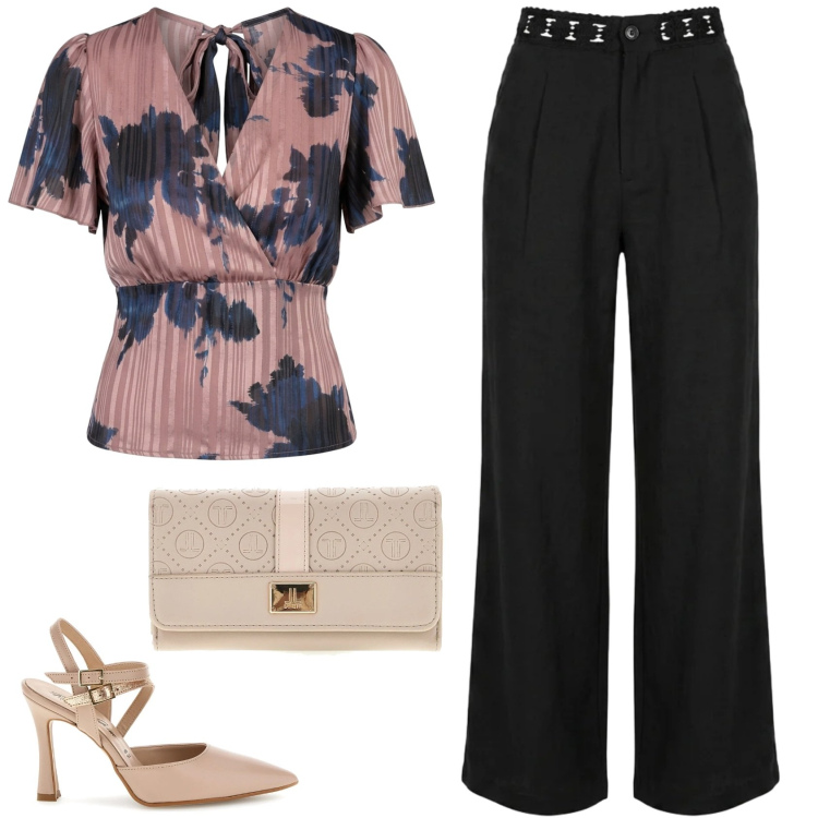 Outfit donna - Summer confidence. Stile Casual chic per Serata fuori. Abbinamento con t-shirt, pantaloni a palazzo, portafogli, décolleté.