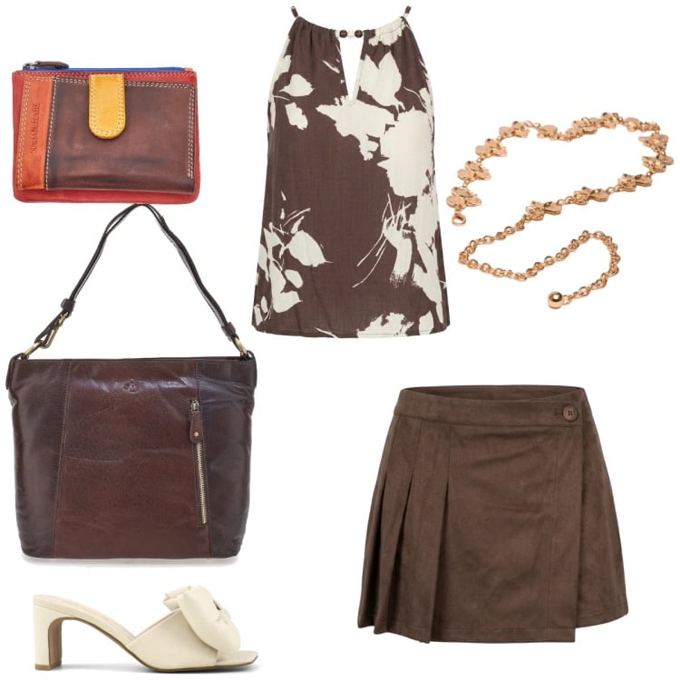 Outfit donna - Total look #2420559. Stile Casual chic per Tutti i giorni. Abbinamento con minigonne, canottiere, cinture, sandali col tacco, borse a spalla, portafogli.