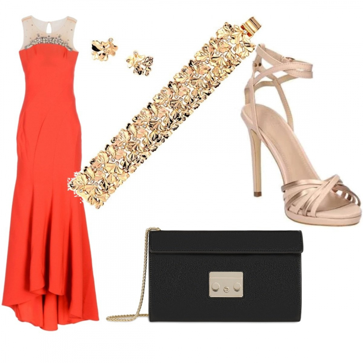 Outfit donna - Res carpet. Stile Sexy per Serata fuori. Abbinamento con vestito lungo con strass e perline collo tondo senza maniche con zip interno foderato in tulle crêpe, collana, pochette, sandali con cinturino.