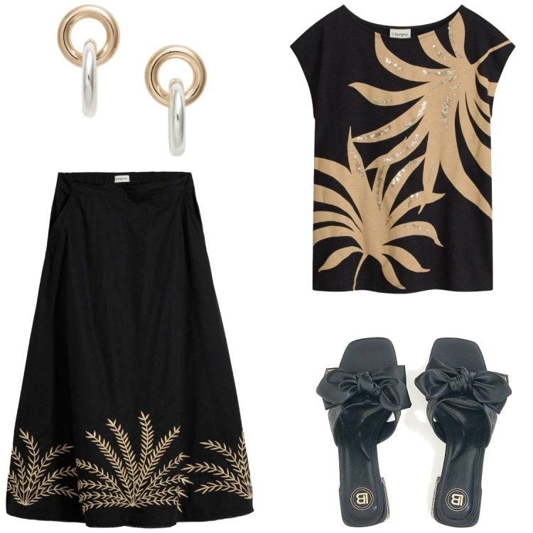 Outfit donna - NOTTE STELLATA: Contrasti in Nero e Oro. Stile Chic per Serata fuori. Abbinamento con t-shirt, gonne lunghe, orecchini, ciabatte.