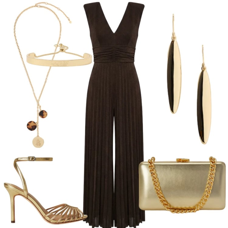 Outfit donna - Serata fuori. Stile Chic per Serata fuori. Abbinamento con clutch, sandali in pelle, braccialetti, orecchini, collane, tute.
