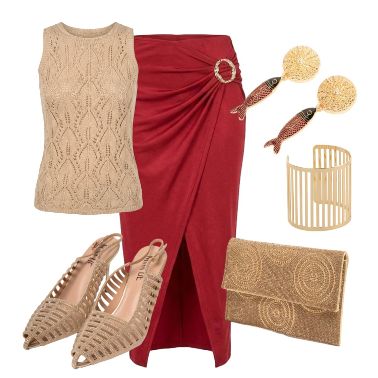 Outfit donna - Outfit raffinato. Stile Chic per Serata fuori. Abbinamento con braccialetti, top, gonne longuette, orecchini, scarpe col tacco, clutch.