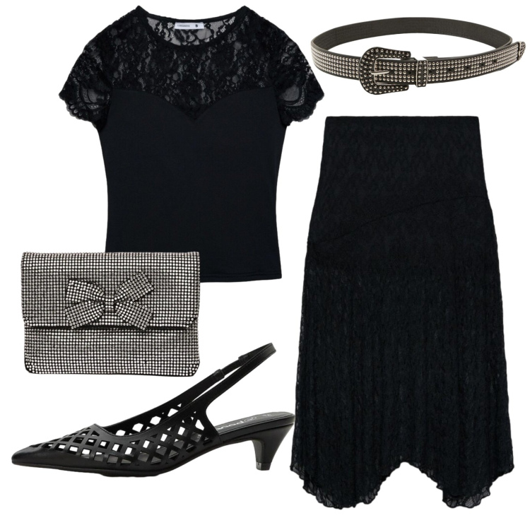 Outfit donna - Total look #2420587. Stile Chic per Serata fuori. Abbinamento con décolleté, gonne longuette, t-shirt, cinture, clutch.