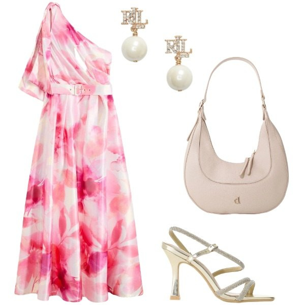 Outfit donna - Total look #2420595. Stile Chic per Cerimonia. Abbinamento con vestiti asimmetrici, sandali col tacco, orecchini, borse a tracolla.