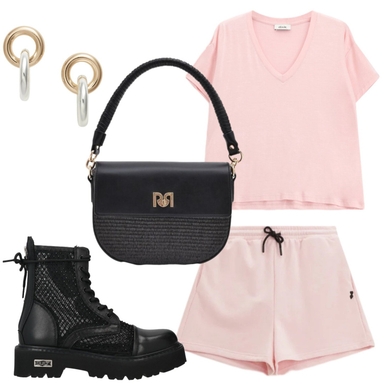 Outfit donna - Anfibi attuali. Stile Glamour per Tutti i giorni. Abbinamento con anfibi, shorts, borse a spalla, orecchini, t-shirt.