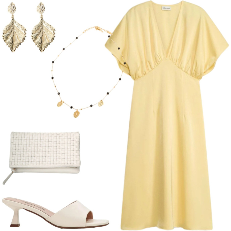 Outfit donna - Una serata fuori. Stile Chic per Serata fuori. Abbinamento con vestiti midi/longuette, sandali, orecchini, collane, clutch.