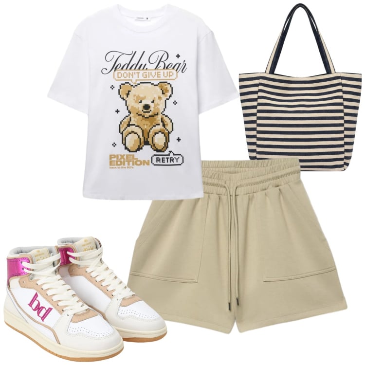 Outfit donna - Al mare. Stile Casual per Mare. Abbinamento con t-shirt, bermuda, sneakers alte, borse tote.