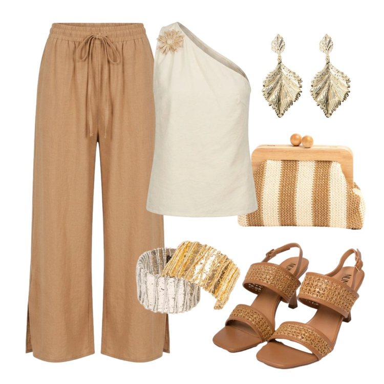 Outfit donna - Leggera e luminosa. Stile Chic per Serata fuori. Abbinamento con orecchini, top, pantaloni, sandali in pelle, braccialetti, clutch.