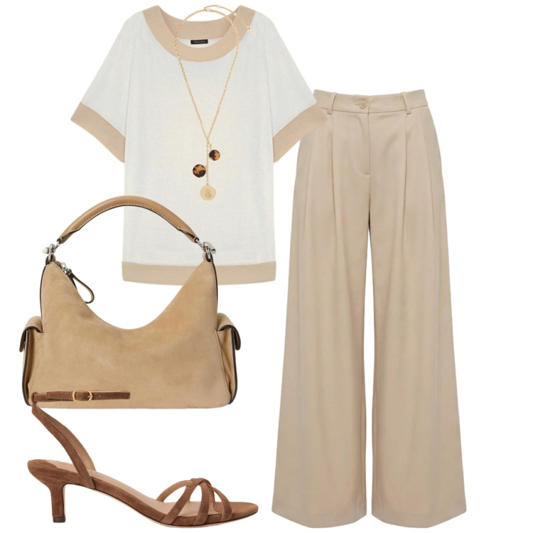 Outfit donna - City. Stile Urban per Tutti i giorni. Abbinamento con pantaloni, t-shirt, collane, sandali col tacco, borse a spalla.