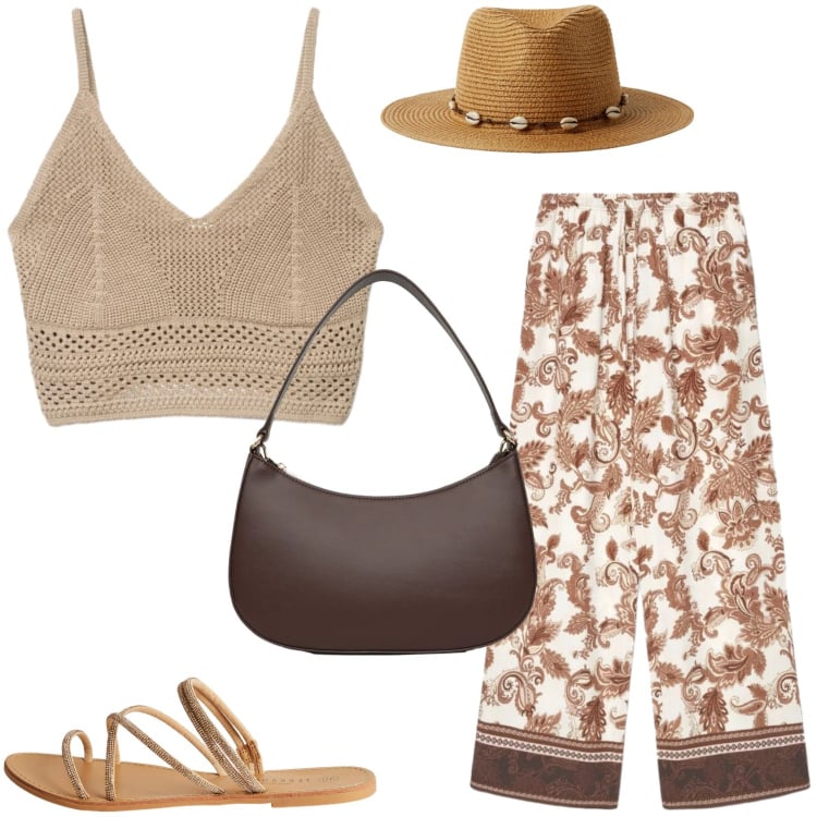 Outfit donna - Estate, relax e stile. Stile Trendy per Tutti i giorni. Abbinamento con pantaloni, top, sandali, cappelli, borse a tracolla.