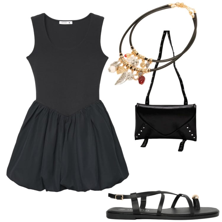 Outfit donna - Giugno. Stile Casual chic per Tutti i giorni. Abbinamento con vestiti corti, sandali, borse a tracolla, collane.