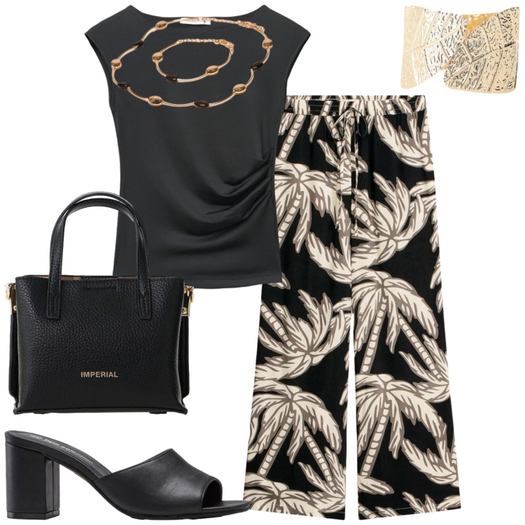 Outfit donna - City. Stile Casual chic per Tutti i giorni. Abbinamento con sandali col tacco, pantaloni, top, borse a tracolla, braccialetti, collane.