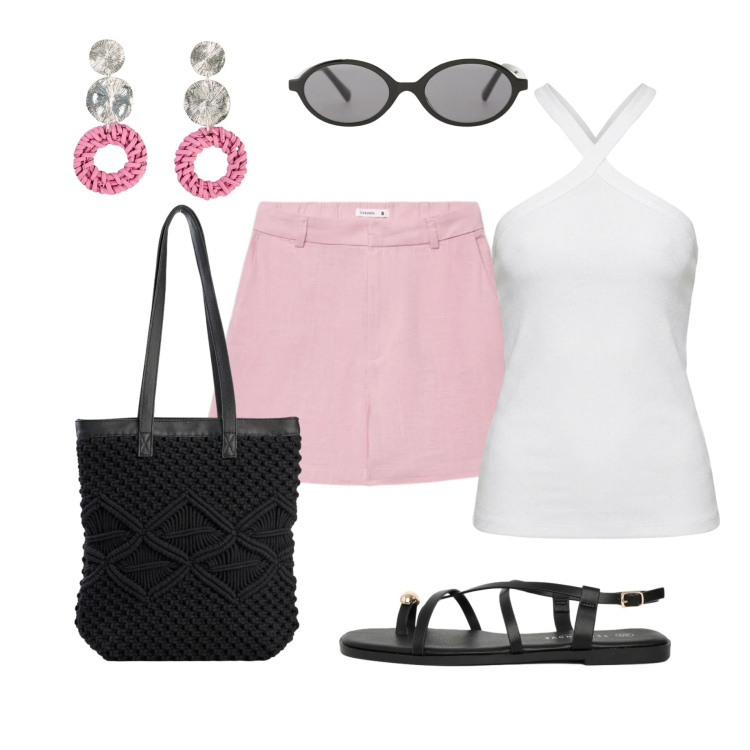Outfit donna - Bermuda rosa chic. Stile Glamour per Tutti i giorni. Abbinamento con shopping bag, orecchini, sandali, bermuda, occhiali da sole, canottiere.