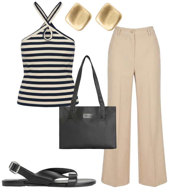 Outfit donna - Giugno. Stile Casual chic per Tutti i giorni. Abbinamento con sandali, orecchini, shopping bag, canottiere, pantaloni.