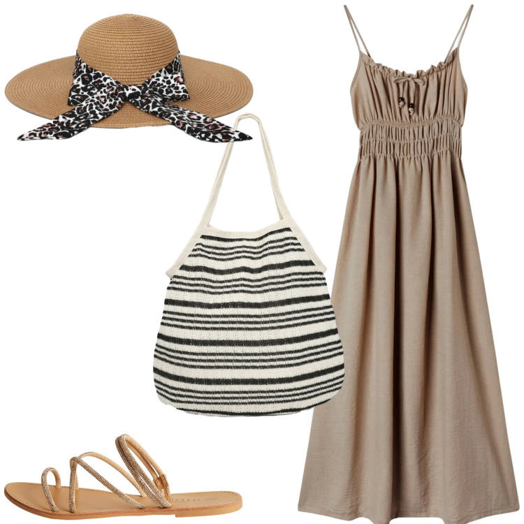 Outfit donna - Comfort e eleganza. Stile Chic per Tutti i giorni. Abbinamento con vestiti lunghi, shopping bag, cappelli, sandali.