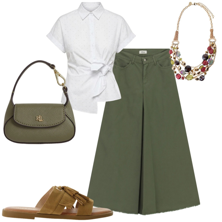 Outfit donna - City. Stile Casual chic per Tutti i giorni. Abbinamento con sandali, borse a mano, gonne lunghe, collane, camicie a manica corta.