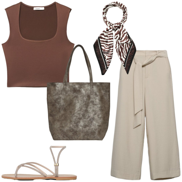 Outfit donna - Terranova, confortevole e chic. Stile Chic per Tutti i giorni. Abbinamento con pantaloni a palazzo, sandali, shopping bag, foulard, canottiere.