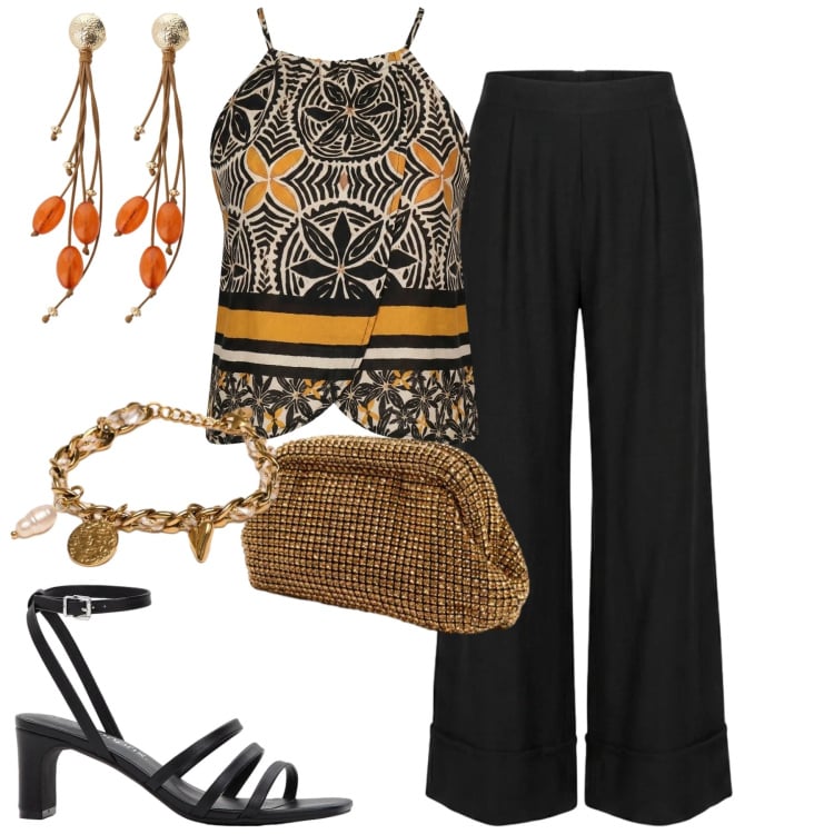 Outfit donna - Etno chic. Stile Etnico per Serata fuori. Abbinamento con sandali col tacco, orecchini, canottiere, pantaloni a palazzo, clutch, braccialetti.