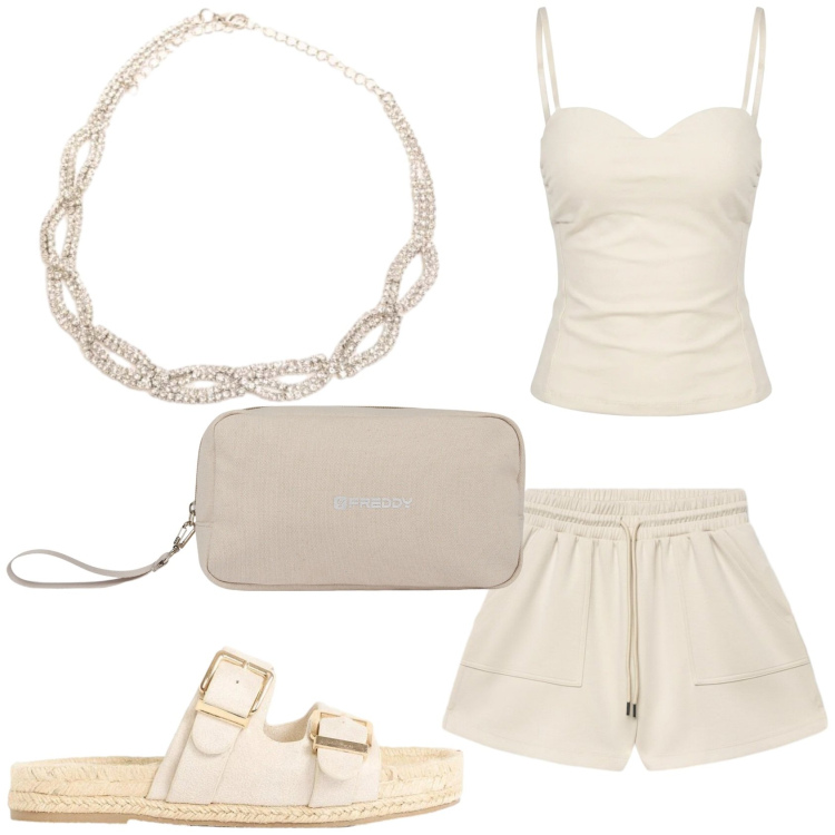 Outfit donna - Il color crema. Stile Casual per Tutti i giorni. Abbinamento con ciabatte, bermuda, valigie, collane, top.