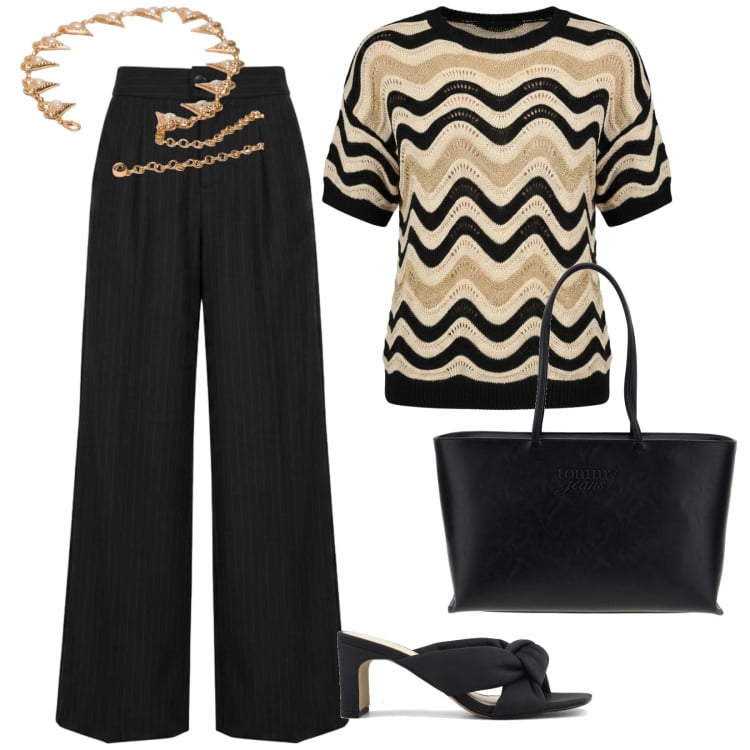 Outfit donna - Summer confidence. per Ufficio. Abbinamento con t-shirt, pantaloni a palazzo, cinture, sandali col tacco, borse a spalla.