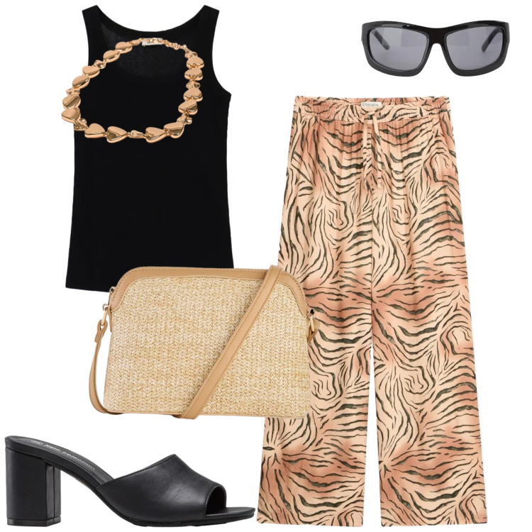Outfit donna - City. Stile Casual chic per Tutti i giorni. Abbinamento con sandali col tacco, pantaloni, borse a tracolla, occhiali da sole, top, collane.