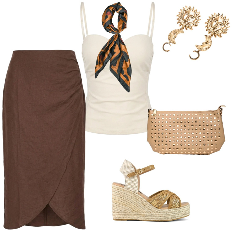 Outfit donna - Summer confidence. per Tutti i giorni. Abbinamento con borse a tracolla, gonne longuette, top, foulard, orecchini, zeppe.