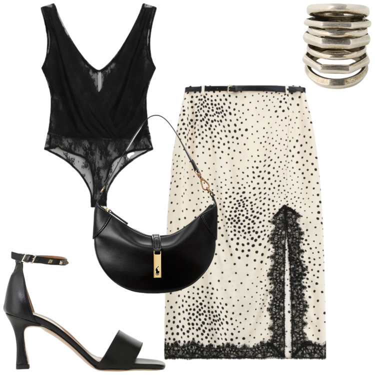 Outfit donna - Serata. Stile Trendy per Serata fuori. Abbinamento con top, gonne longuette, sandali col tacco, borse a spalla, anelli.
