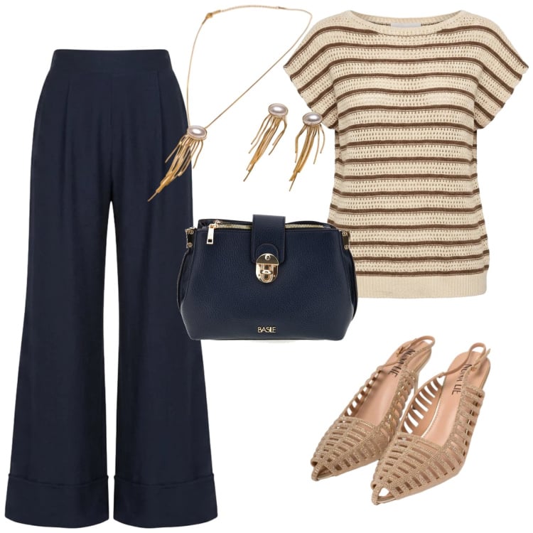 Outfit donna - Summer confidence. per Tutti i giorni. Abbinamento con scarpe col tacco, t-shirt, pantaloni a palazzo, collane, borse a tracolla.