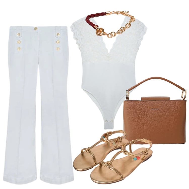 Outfit donna - Il bianco con un tocco in più. Stile Casual chic per Serata fuori. Abbinamento con top, borse a secchiello, jeans, braccialetti, sandali in pelle.