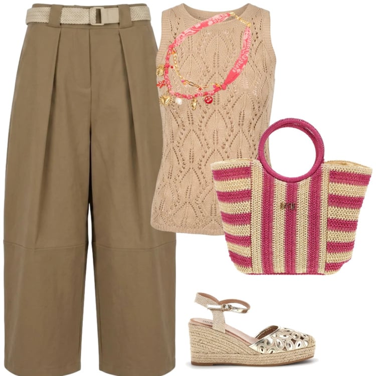 Outfit donna - Summer confidence. per Tutti i giorni. Abbinamento con pantaloni, collane, canottiere, zeppe, borse a mano.