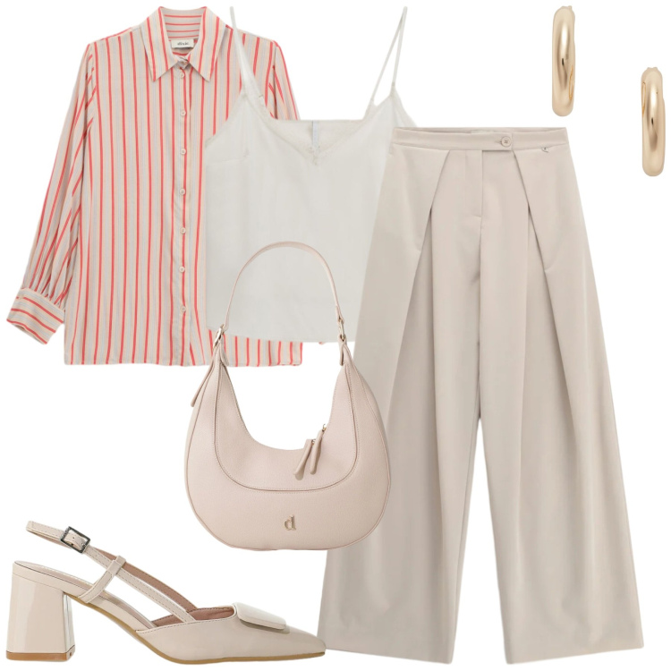 Outfit donna - City. Stile Casual chic per Tutti i giorni. Abbinamento con décolleté, canottiere, orecchini, camicie, borse a tracolla, pantaloni a palazzo.