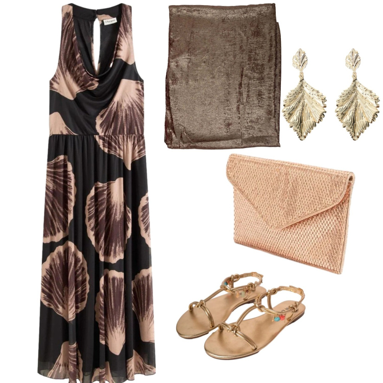 Outfit donna - Eleganza curvy. per Serata fuori. Abbinamento con vestiti lunghi, orecchini, clutch, sandali in pelle, stole.