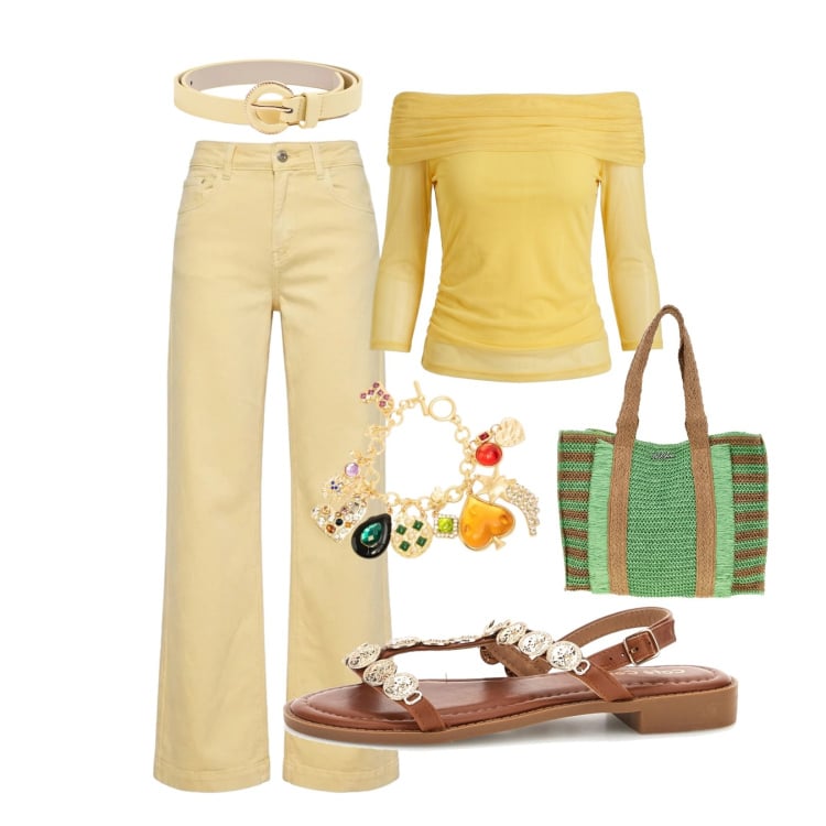 Outfit donna - Il potere del giallo. Stile Casual per Tutti i giorni. Abbinamento con cinture, pantaloni, top, braccialetti con ciondoli, sandali, borse a spalla.