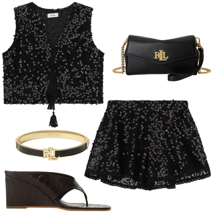 Outfit donna - Party time. Stile Glamour per Serata fuori. Abbinamento con braccialetti, portafogli, sandali, canottiere, shorts.