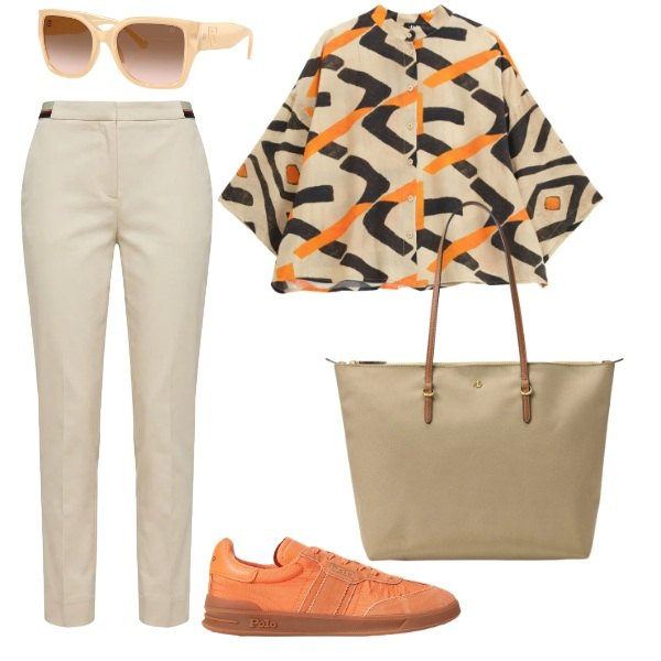 Outfit donna - Total look #2420638. Stile Glamour per Tutti i giorni. Abbinamento con pantaloni chino, sneakers, borse tote, occhiali da sole, camicie.