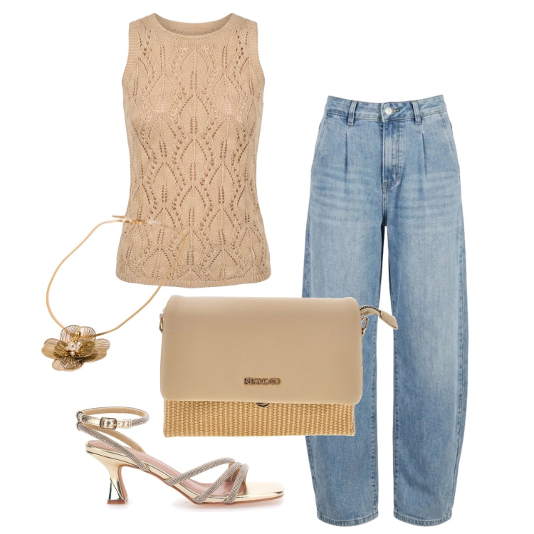 Outfit donna - Giugno. Stile Trendy per Tutti i giorni. Abbinamento con canottiere, jeans, ciondoli, sandali col tacco, borse a spalla.