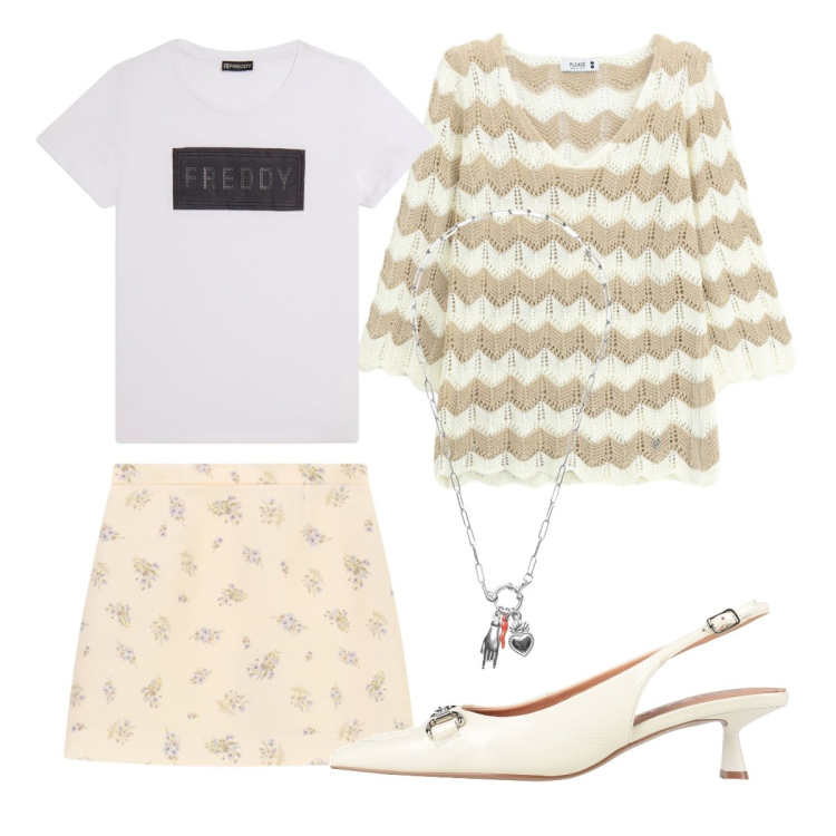 Outfit donna - Fine primavera. Stile Preppy per Scuola/Università. Abbinamento con décolleté, minigonne, maglieria, ciondoli, t-shirt.