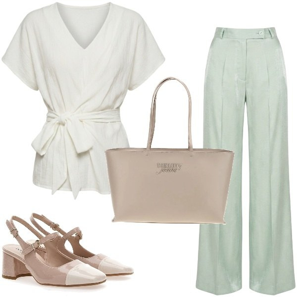 Outfit donna - Toni neutri luminosi. Stile Chic per Tutti i giorni. Abbinamento con t-shirt, pantaloni a palazzo, décolleté, borse a spalla.