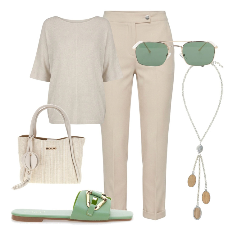Outfit donna - L\'essenza. Stile Casual chic per Tutti i giorni. Abbinamento con occhiali da sole, collane, bluse, pantaloni, ciabatte, borse a tracolla.