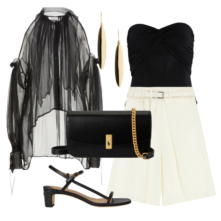 Outfit donna - Glamour event. Stile Glamour per Serata fuori. Abbinamento con camicie, body, bermuda, clutch, sandali in pelle, orecchini.