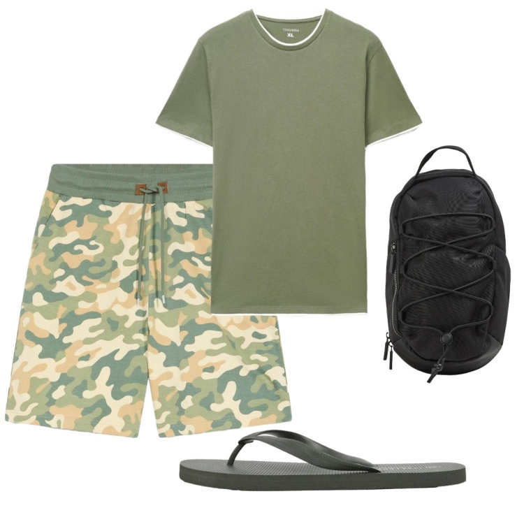 Outfit uomo - Mare. Stile Casual per Mare. Abbinamento con shorts, t-shirt, borse sportive, sandali.