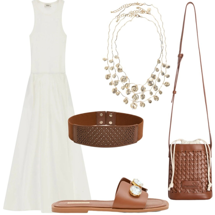 Outfit donna - Animo bianco. Stile Chic per Serata fuori. Abbinamento con borse a secchiello, sandali gioiello, collane, vestiti lunghi, cinture.