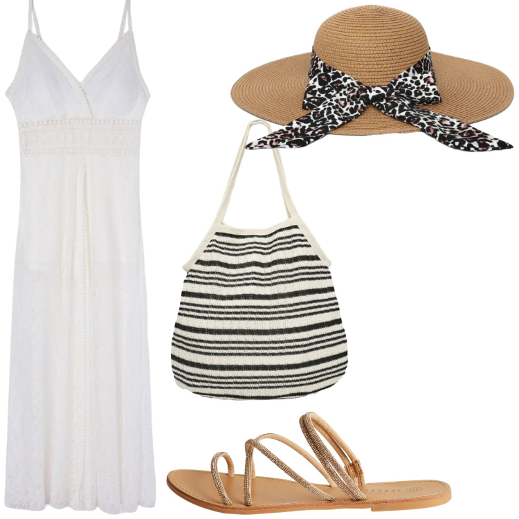 Outfit donna - Boho summer. Stile Boho per Tutti i giorni. Abbinamento con cappelli, shopping bag, vestiti lunghi, sandali.