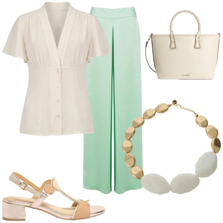 Outfit donna - Verde acqua. Stile Chic per Tutti i giorni. Abbinamento con sandali col tacco, shopping bag, pantaloni a palazzo, collane, camicie a manica corta.