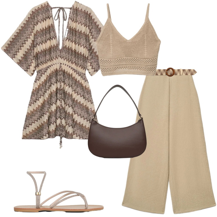 Outfit donna - Summer Terranova. Stile Casual chic per Serata fuori. Abbinamento con caftani, pantaloni a palazzo, top, cinture, borse a tracolla, sandali.