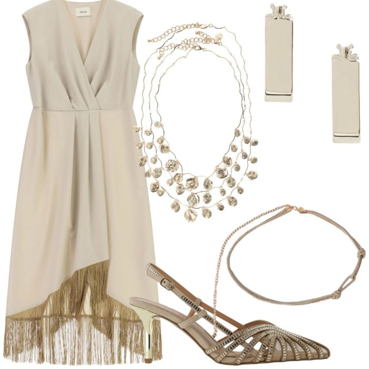 Outfit donna - Eventi estivi. Stile Chic per Serata fuori. Abbinamento con cinture, orecchini, décolleté, vestiti asimmetrici, collane.